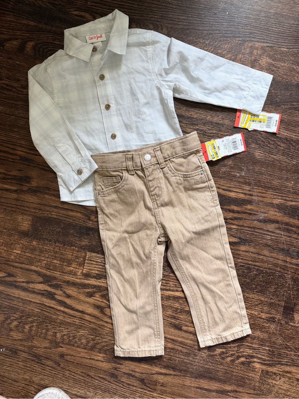 Cat & Jack Baby Boy’s Cream Plaid Button-Up with Khaki Jeans Bundle 18M